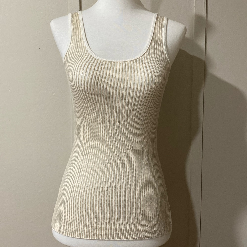Express Ivory Ribbed Tank Top with Gold Sequins, Size XS